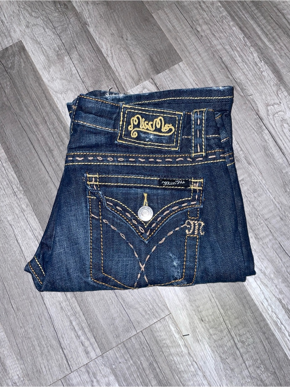Low Rise Miss Me Dark Blue Jeans with Contrast Stitching and cool Design